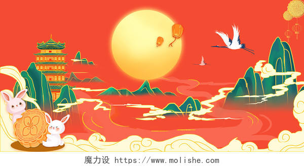 月亮展板背景深蓝色中国风国潮中秋月亮嫦娥兔子展板背景中秋节月亮背景